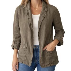 Caslon Women's Small Linen Cardigan Jacket Olive Green Roll Tab Sleeve